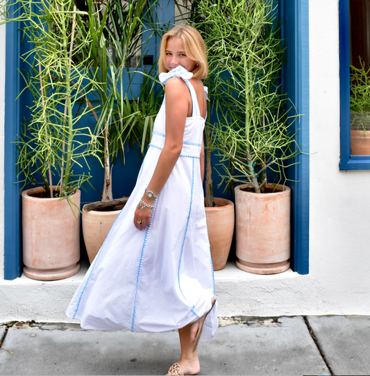Sabrina Dress White with Blue Whipstitch