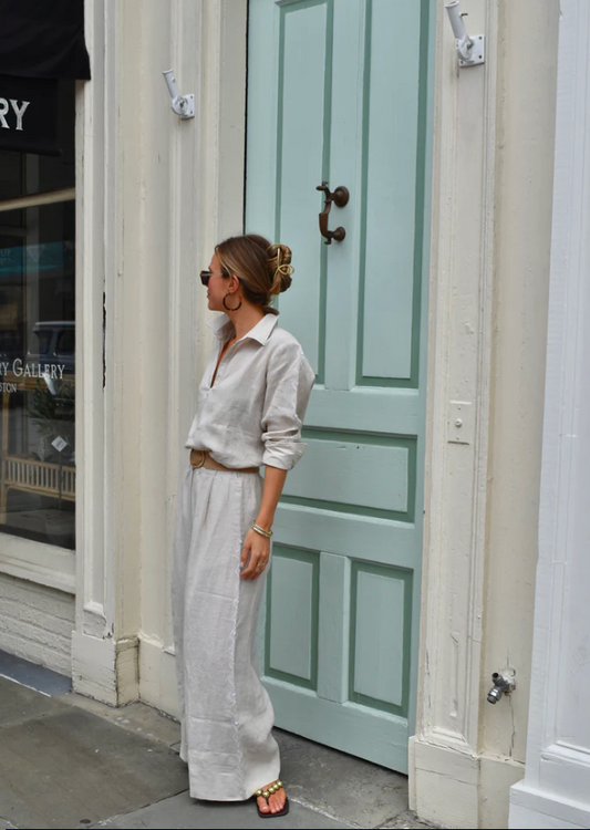 Linen Palazzo Pants Oatmeal with White Embroidery