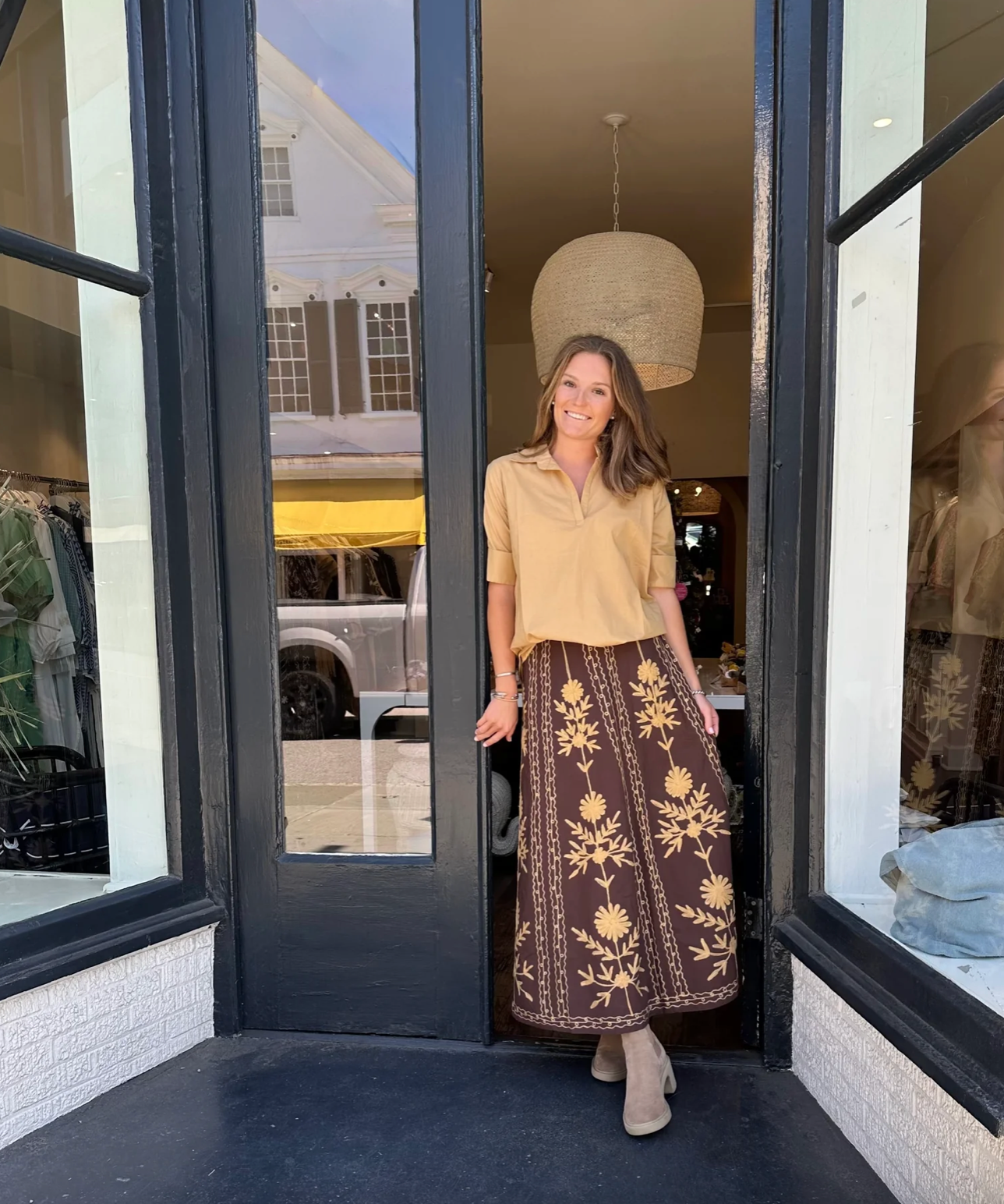 Hanley Midi Skirt Brown with Caramel Embroidery