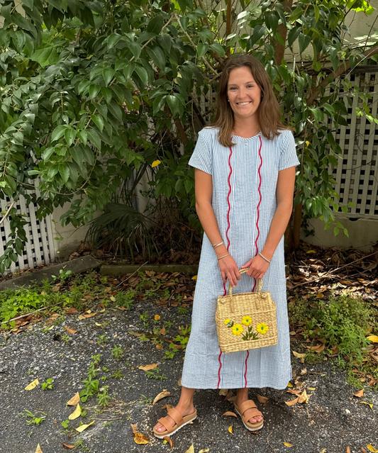 Anne Maxi Dress with Red Scallop Blue Seersucker