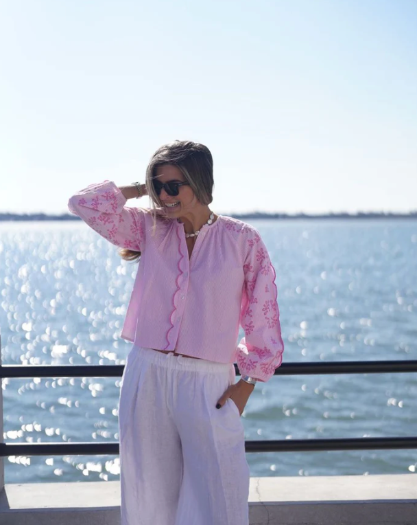 Pink Seersucker Carter Top