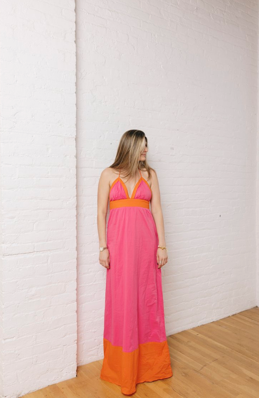 hot pink and orange maxi dress A bright two-tone pink and orange maxi dress