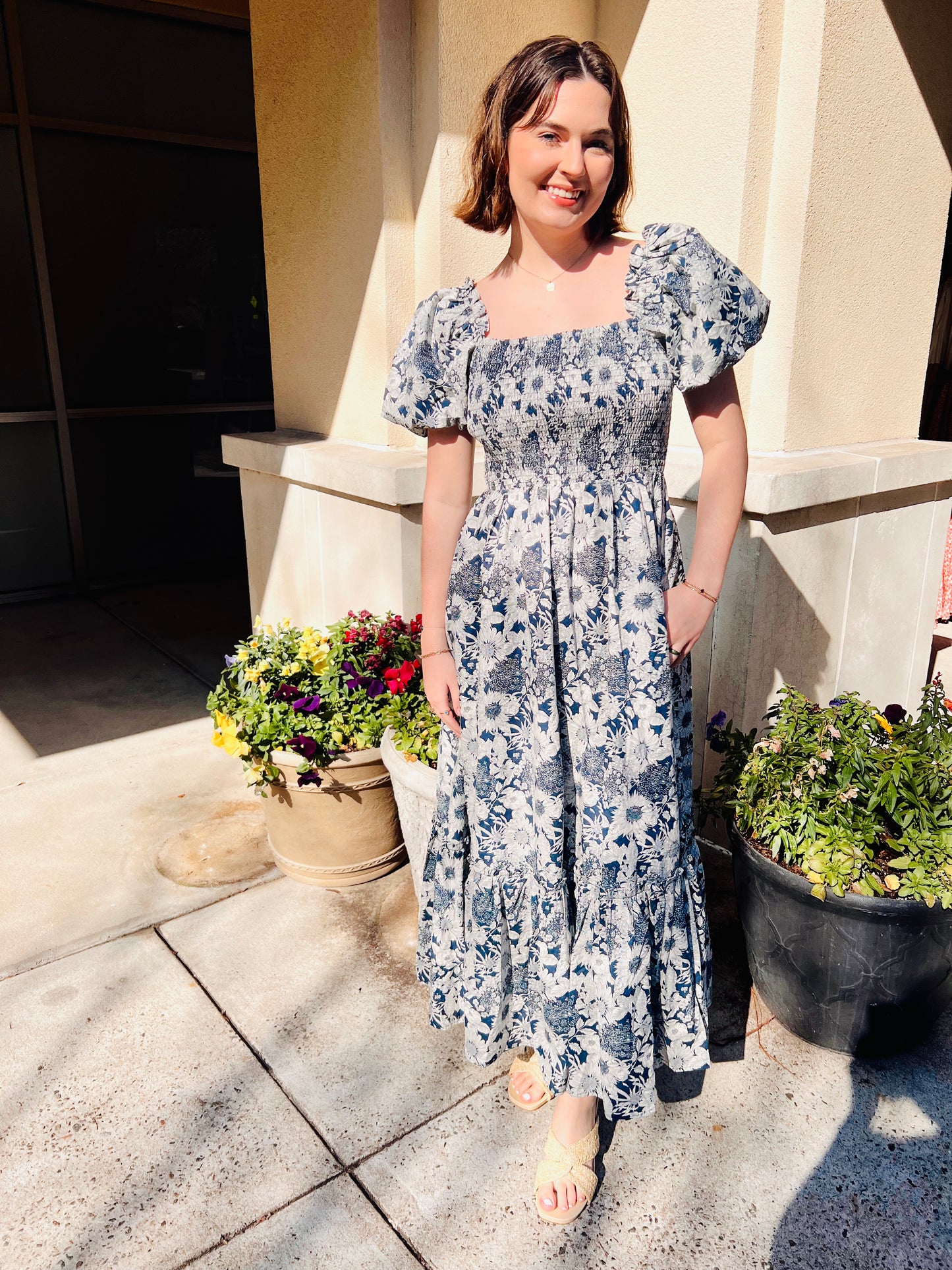 Navy Floral Smocked Maxi