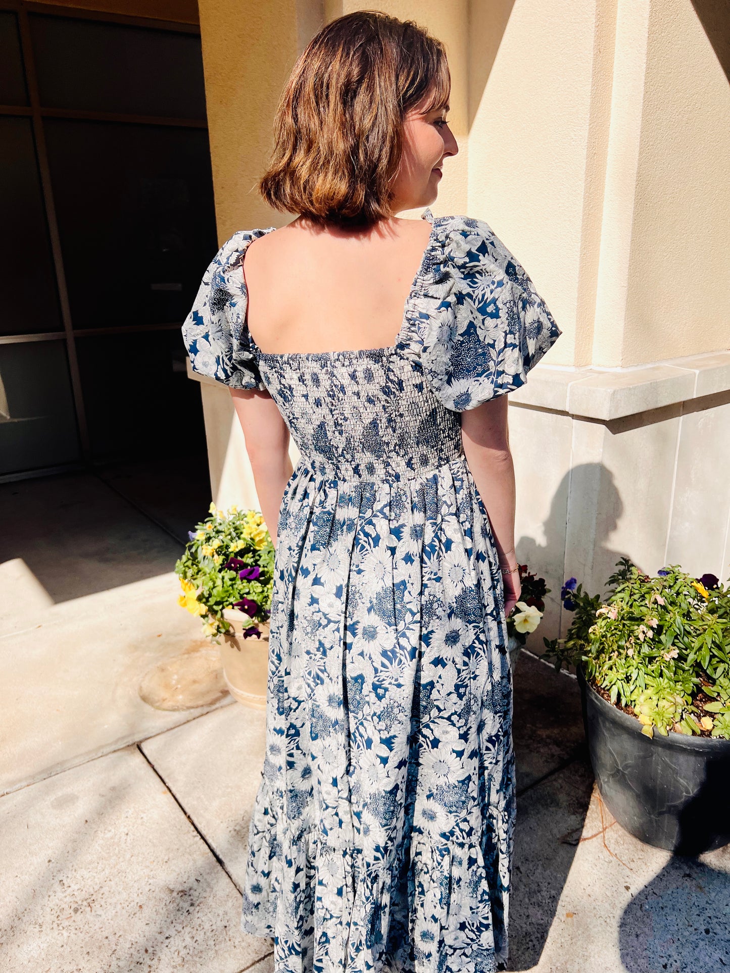 Navy Floral Smocked Maxi