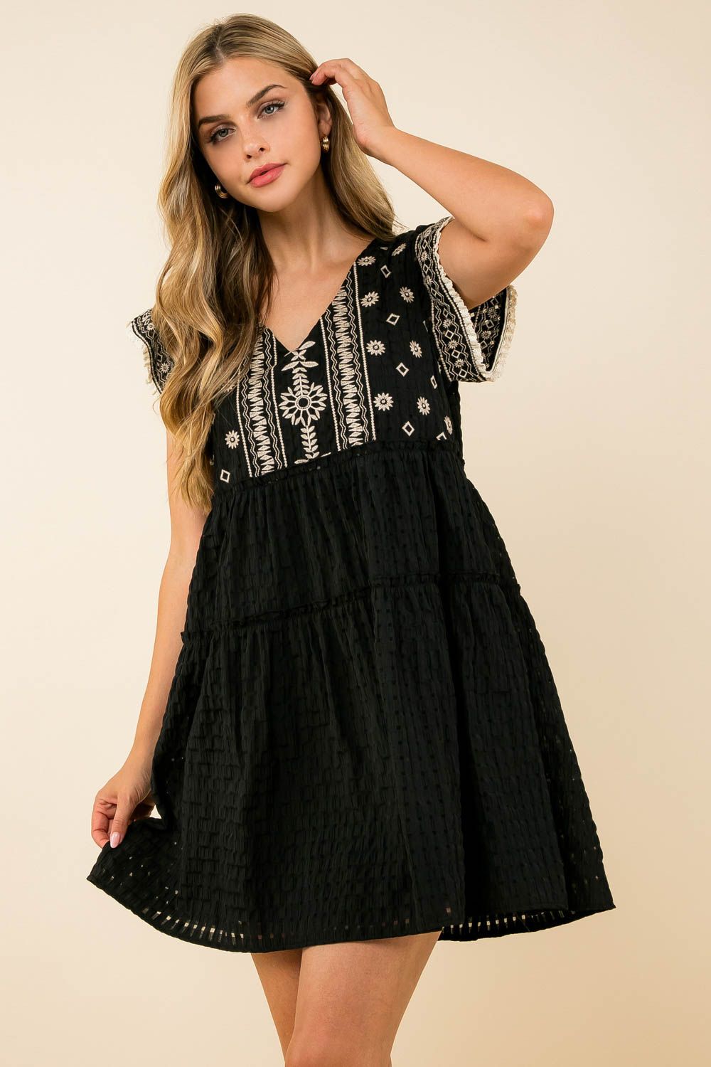Embroidered Black Babydoll Dress THML